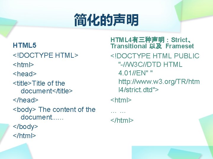 简化的声明 HTML 5 <!DOCTYPE HTML> <html> <head> <title>Title of the document</title> </head> <body> The