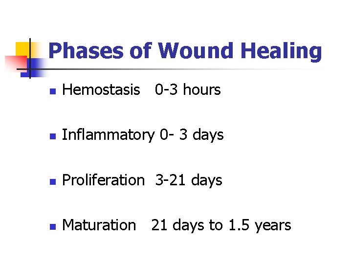 Phases of Wound Healing n Hemostasis 0 -3 hours n Inflammatory 0 - 3 Phases of Wound Healing n Hemostasis 0 -3 hours n Inflammatory 0 - 3