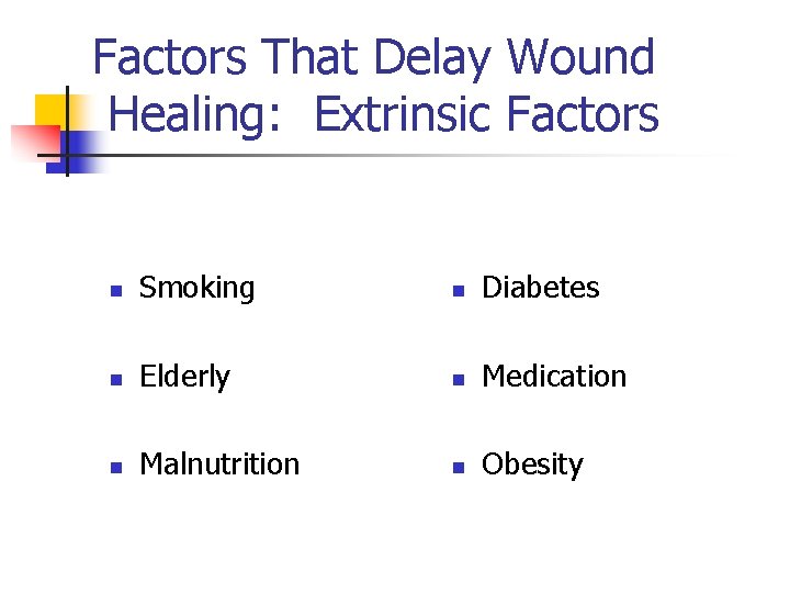 Factors That Delay Wound Healing: Extrinsic Factors n Smoking n Diabetes n Elderly n Factors That Delay Wound Healing: Extrinsic Factors n Smoking n Diabetes n Elderly n
