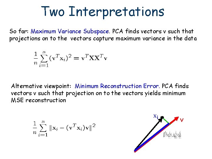 Two Interpretations So far: Maximum Variance Subspace. PCA finds vectors v such that projections