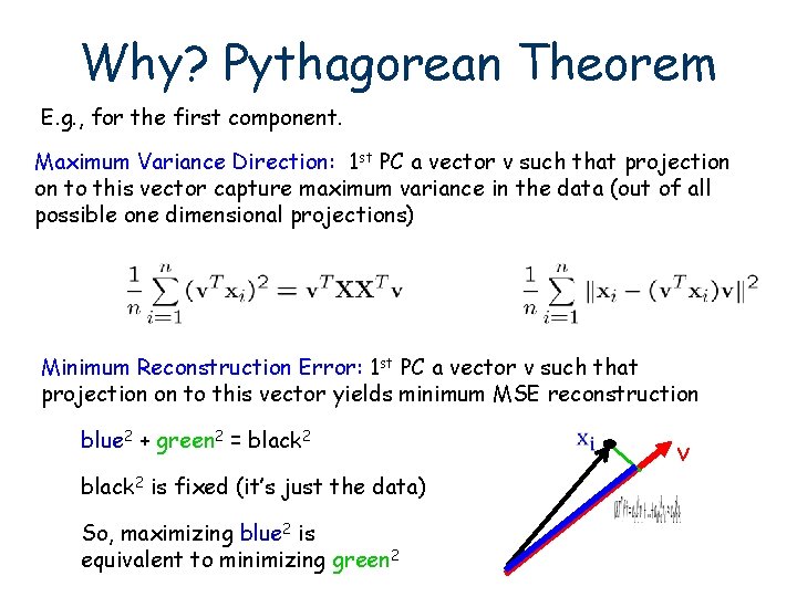 Why? Pythagorean Theorem E. g. , for the first component. Maximum Variance Direction: 1