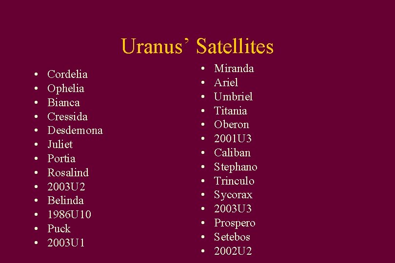 Uranus’ Satellites • • • • Cordelia Ophelia Bianca Cressida Desdemona Juliet Portia Rosalind