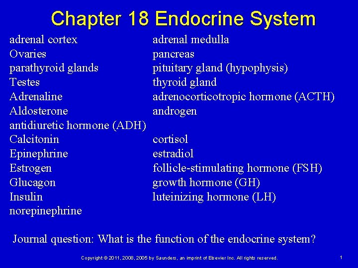 Chapter 18 Endocrine System adrenal cortex Ovaries parathyroid glands Testes Adrenaline Aldosterone antidiuretic hormone