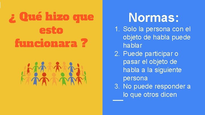 ¿ Qué hizo que esto funcionara ? Normas: 1. Solo la persona con el ¿ Qué hizo que esto funcionara ? Normas: 1. Solo la persona con el