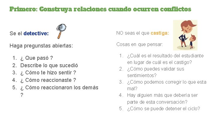 Primero: Construya relaciones cuando ocurren conflictos Se el detective: NO seas el que castiga: Primero: Construya relaciones cuando ocurren conflictos Se el detective: NO seas el que castiga: