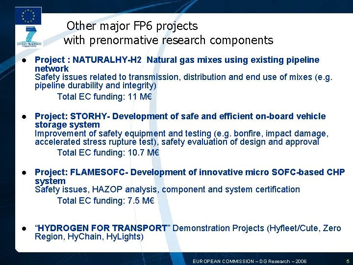  Other major FP 6 projects with prenormative research components l Project : NATURALHY-H