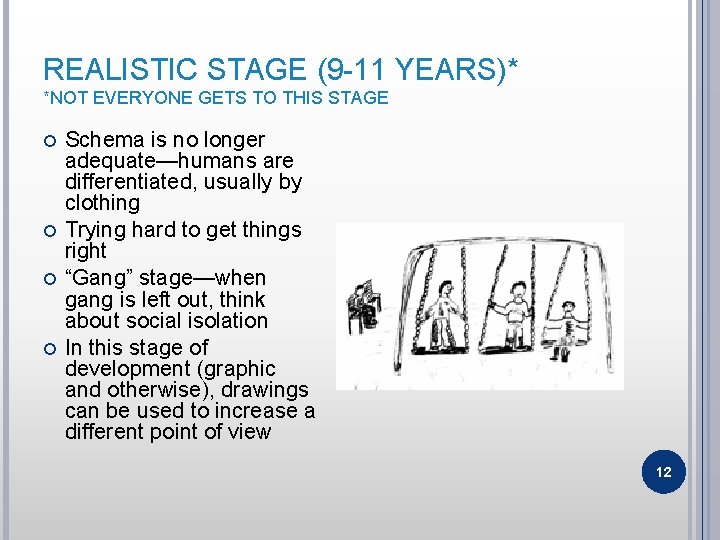 REALISTIC STAGE (9 -11 YEARS)* *NOT EVERYONE GETS TO THIS STAGE Schema is no