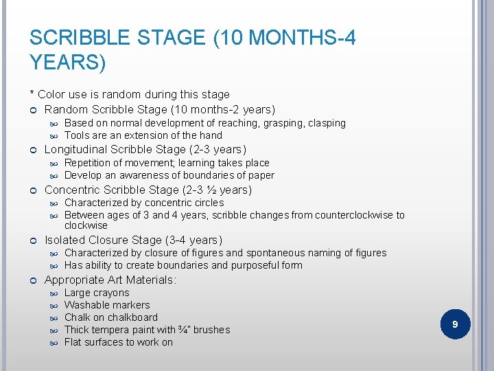 SCRIBBLE STAGE (10 MONTHS-4 YEARS) * Color use is random during this stage Random