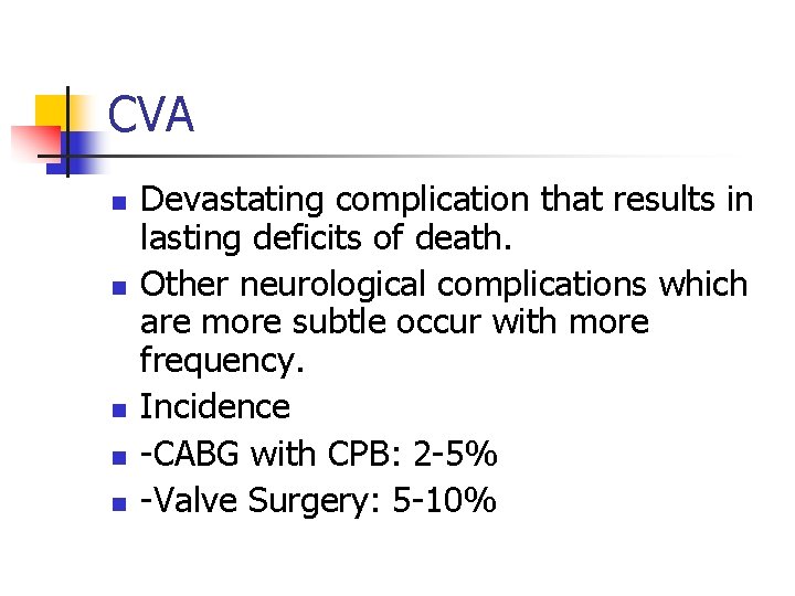 CVA n n n Devastating complication that results in lasting deficits of death. Other