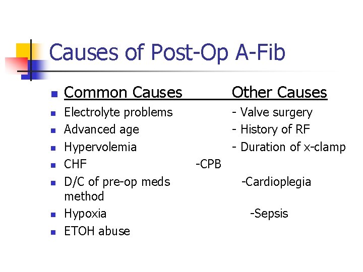 Causes of Post-Op A-Fib n n n n Common Causes Other Causes Electrolyte problems