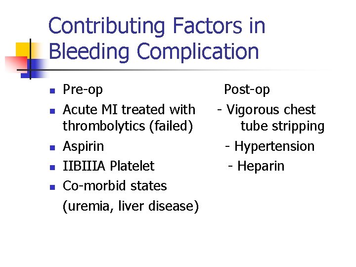 Contributing Factors in Bleeding Complication n n Pre-op Acute MI treated with thrombolytics (failed)