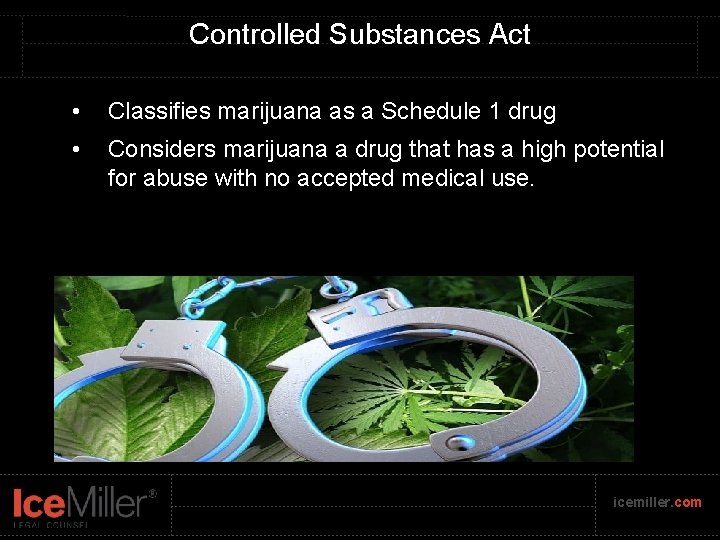 Controlled Substances Act • Classifies marijuana as a Schedule 1 drug • Considers marijuana