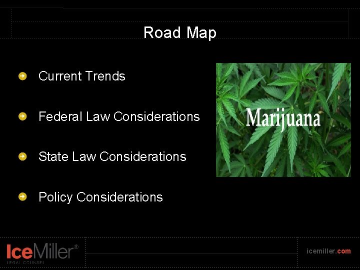 Road Map Current Trends Federal Law Considerations State Law Considerations Policy Considerations icemiller. com