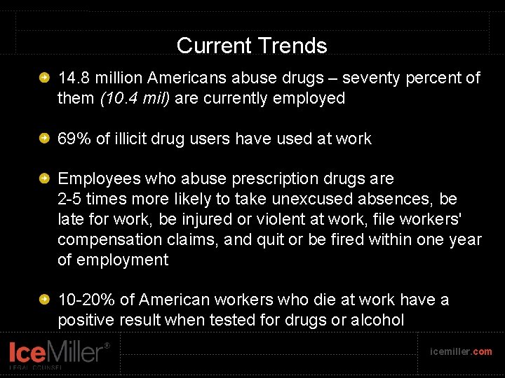 Current Trends 14. 8 million Americans abuse drugs – seventy percent of them (10.