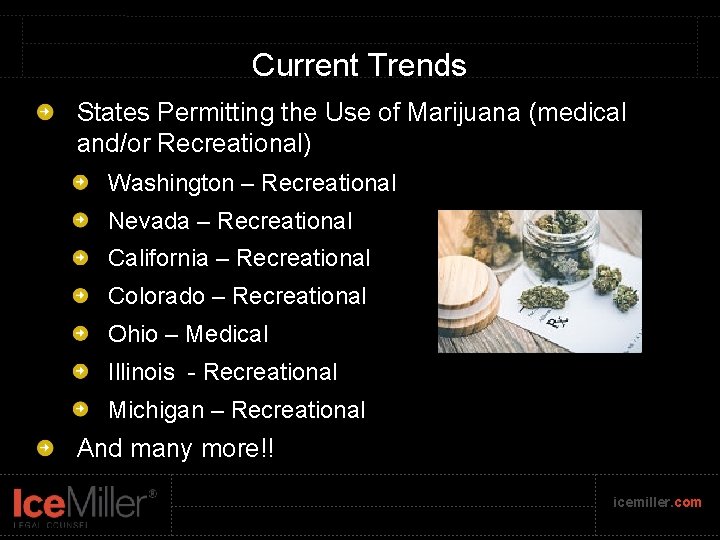 Current Trends States Permitting the Use of Marijuana (medical and/or Recreational) Washington – Recreational