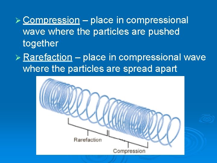 Ø Compression – place in compressional wave where the particles are pushed together Ø