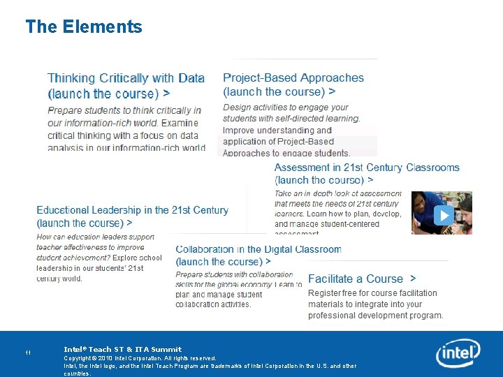 The Elements Copyright © 2010 Intel Corporation. All rights reserved. Intel, the Intel logo,