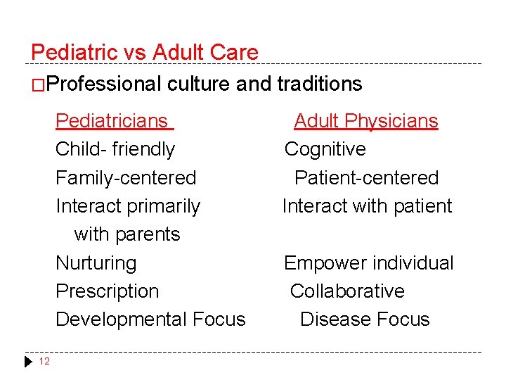 Pediatric vs Adult Care �Professional culture and traditions Pediatricians Child- friendly Family-centered Interact primarily
