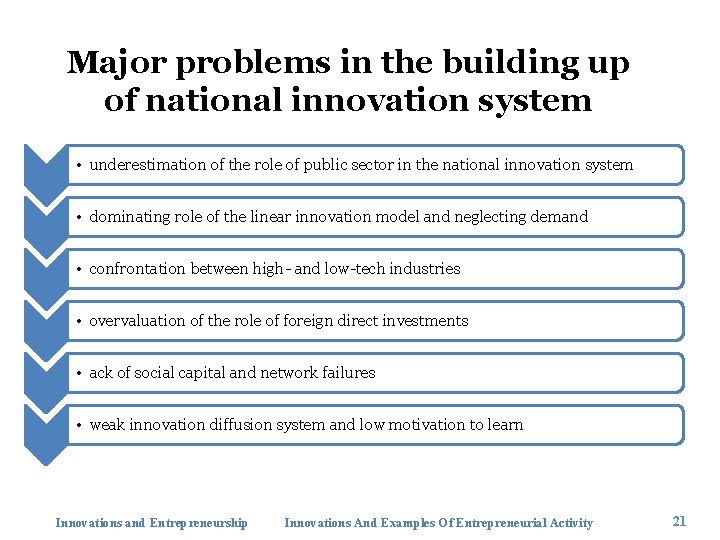 Major problems in the building up of national innovation system • underestimation of the