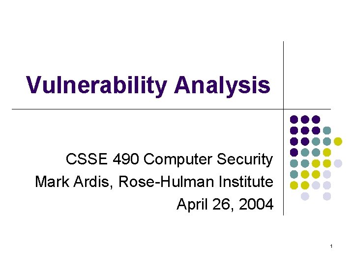 Vulnerability Analysis CSSE 490 Computer Security Mark Ardis, Rose-Hulman Institute April 26, 2004 1