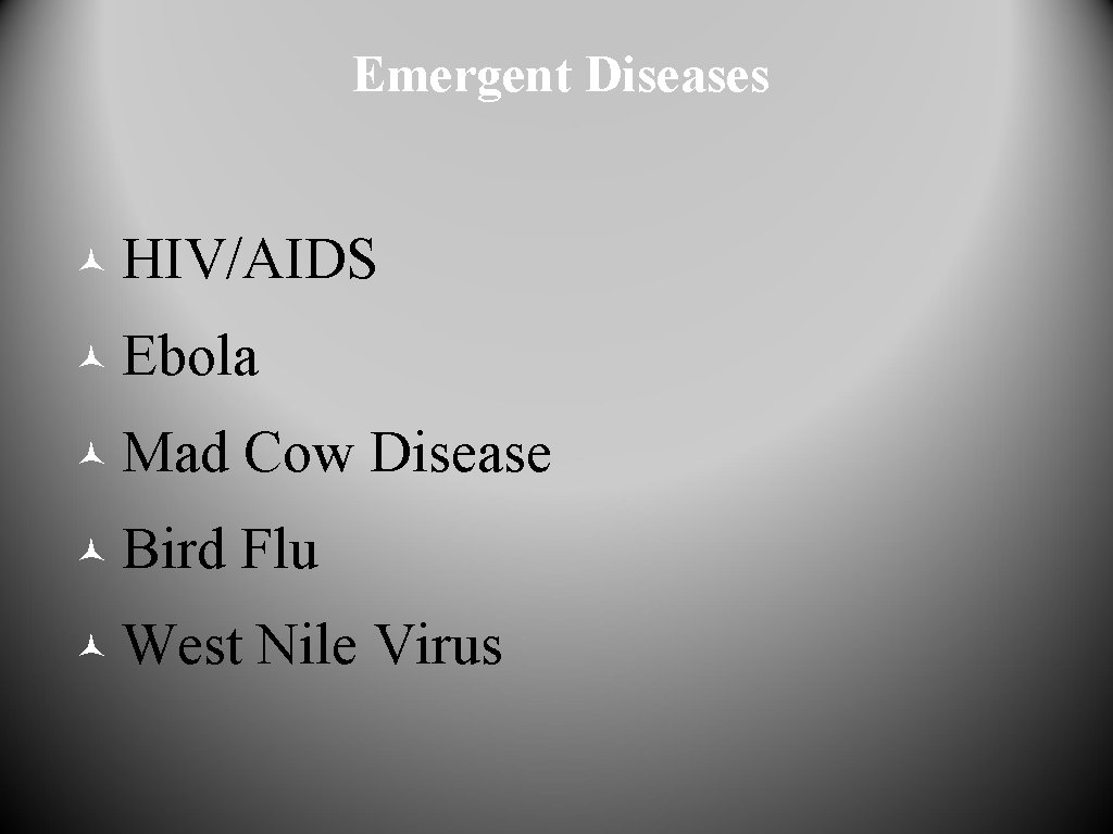 Emergent Diseases © HIV/AIDS © Ebola © Mad Cow Disease © Bird Flu ©
