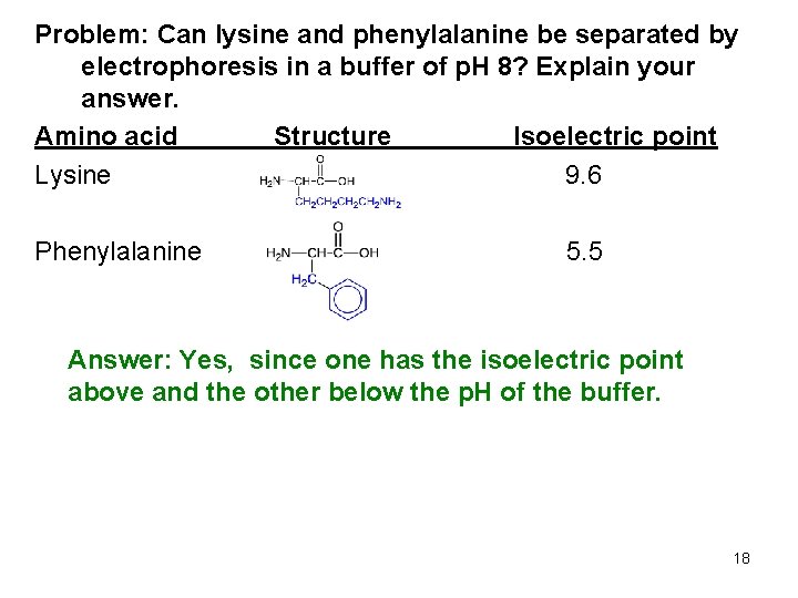 Problem: Can lysine and phenylalanine be separated by electrophoresis in a buffer of p. Problem: Can lysine and phenylalanine be separated by electrophoresis in a buffer of p.