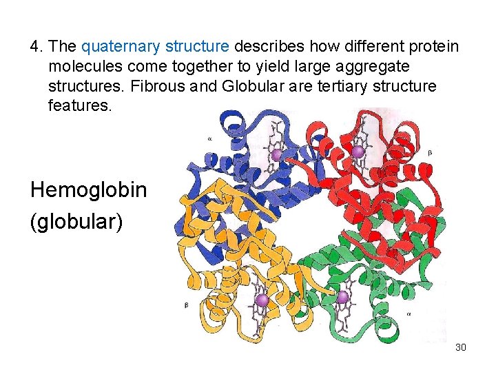 4. The quaternary structure describes how different protein molecules come together to yield large 4. The quaternary structure describes how different protein molecules come together to yield large