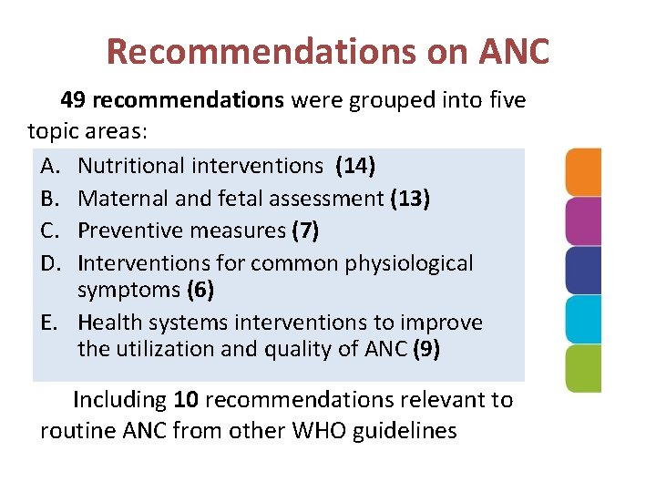 Recommendations on ANC 49 recommendations were grouped into five topic areas: A. Nutritional interventions