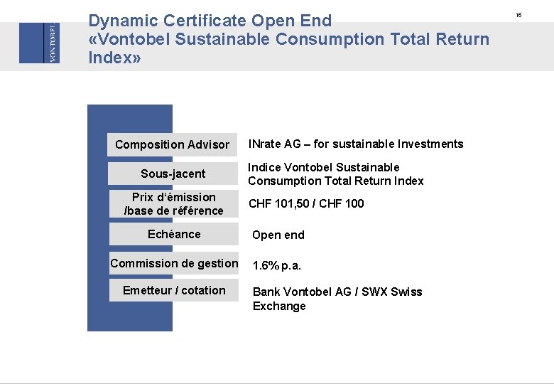 Dynamic Certificate Open End «Vontobel Sustainable Consumption Total Return Index» Composition Advisor Sous-jacent Prix