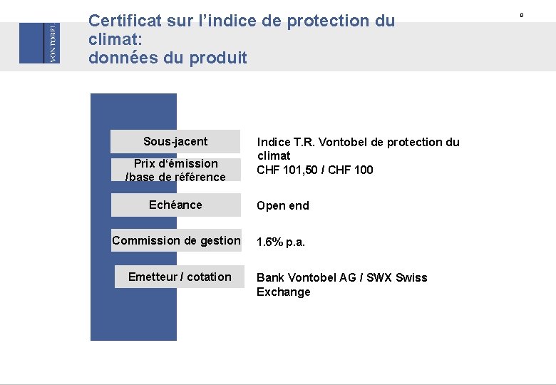 Certificat sur l’indice de protection du climat: données du produit Sous-jacent Prix d‘émission /base