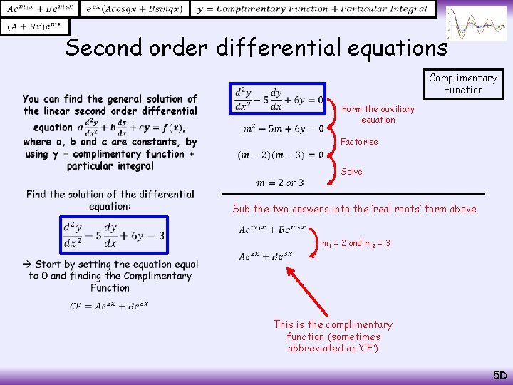  Second order differential equations Complimentary Function • Form the auxiliary equation Factorise Solve