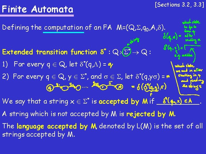 Finite Automata [Sections 3. 2, 3. 3] Defining the computation of an FA M=(Q,