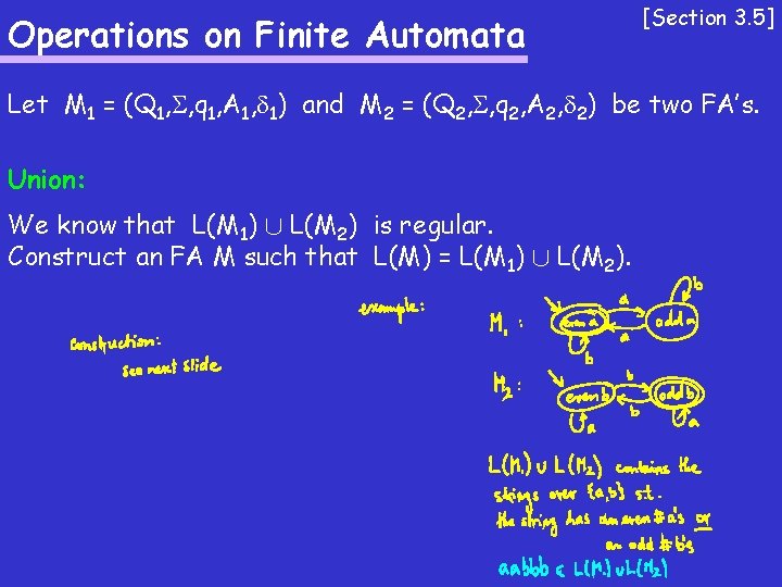 Operations on Finite Automata [Section 3. 5] Let M 1 = (Q 1, ,