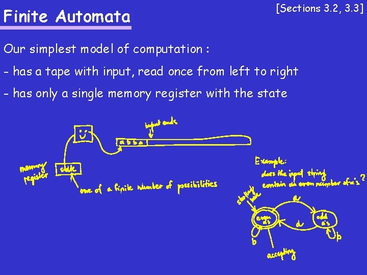 Finite Automata [Sections 3. 2, 3. 3] Our simplest model of computation : -