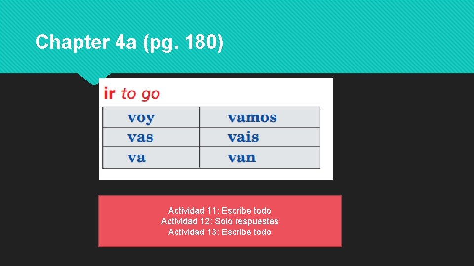 Chapter 4 a (pg. 180) Actividad 11: Escribe todo Actividad 12: Solo respuestas Actividad