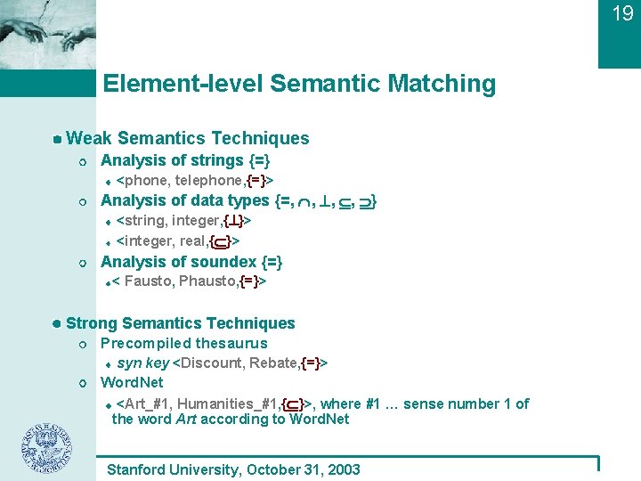 19 Element-level Semantic Matching Weak Semantics Techniques Analysis of strings {=} <phone, telephone, {=}>