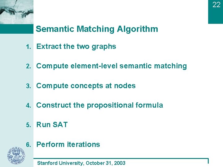 22 Semantic Matching Algorithm 1. Extract the two graphs 2. Compute element-level semantic matching