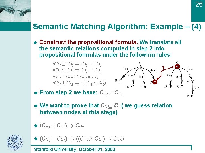 26 Semantic Matching Algorithm: Example – (4) Construct the propositional formula. We translate all