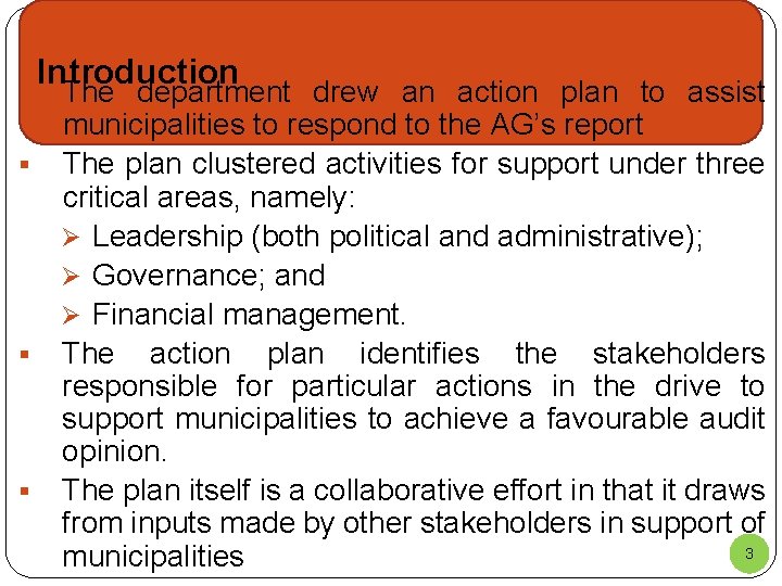 § § Introduction The department drew an action plan to assist municipalities to respond