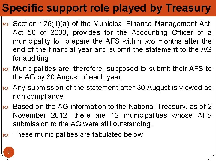 Specific support role played by Treasury Section 126(1)(a) of the Municipal Finance Management Act,