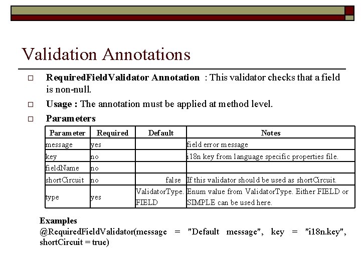 Validation Annotations o o o Required. Field. Validator Annotation : This validator checks that