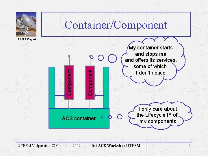 Container/Component ALMA Project ACS container UTFSM Valparaiso, Chile, Nov 2009 My container starts and Container/Component ALMA Project ACS container UTFSM Valparaiso, Chile, Nov 2009 My container starts and