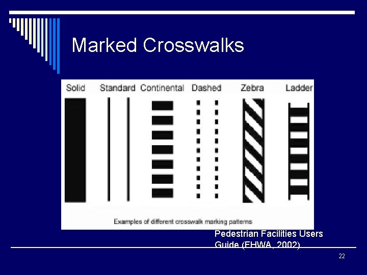 Marked Crosswalks Pedestrian Facilities Users Guide (FHWA, 2002) 22 