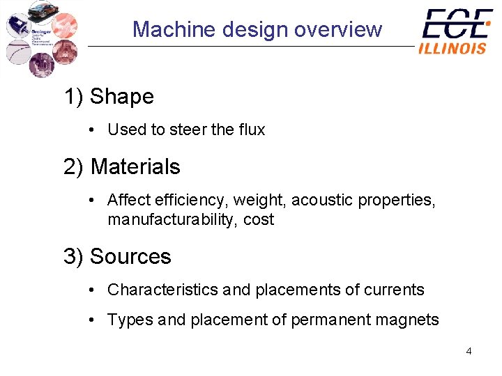 Machine design overview 1) Shape • Used to steer the flux 2) Materials •