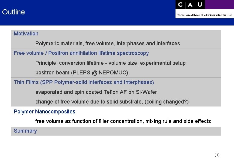 Outline Motivation Polymeric materials, free volume, interphases and interfaces Free volume / Positron annihilation
