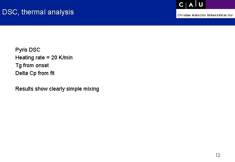 DSC, thermal analysis Pyris DSC Heating rate = 20 K/min Tg from onset Delta
