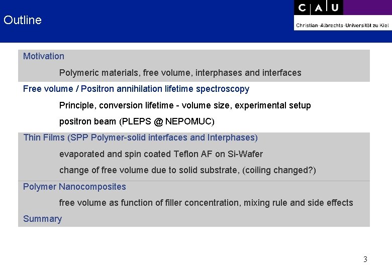 Outline Motivation Polymeric materials, free volume, interphases and interfaces Free volume / Positron annihilation
