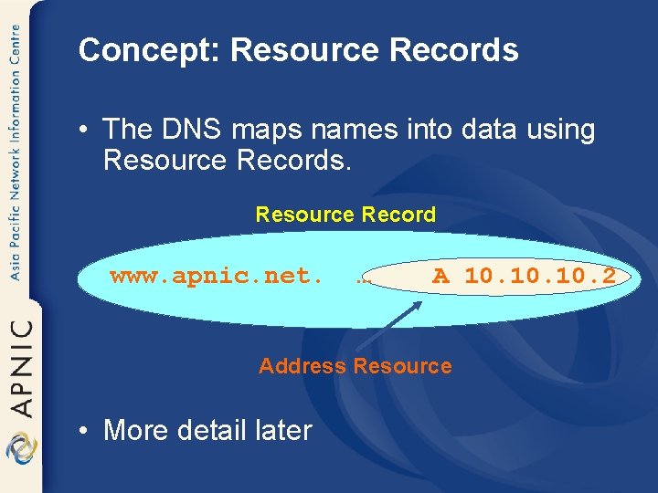 Concept: Resource Records • The DNS maps names into data using Resource Records. Resource