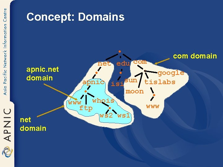 Concept: Domains • net edu com • • google apnic isisun tislabs moon www