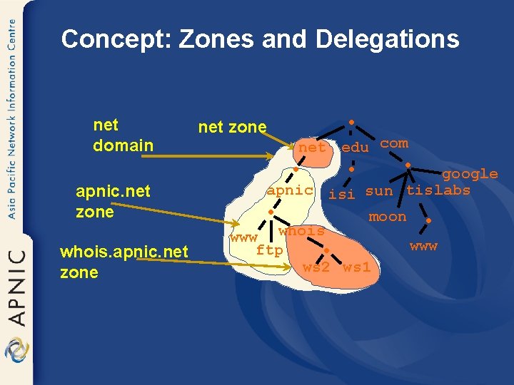 Concept: Zones and Delegations net edu com • google apnic isi sun tislabs moon